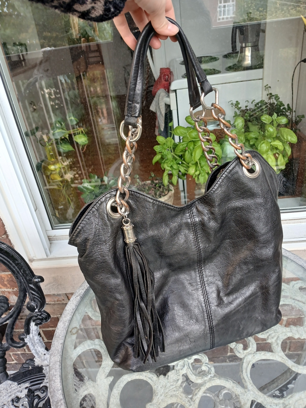 Black Leather Tote Handbag with Tassel